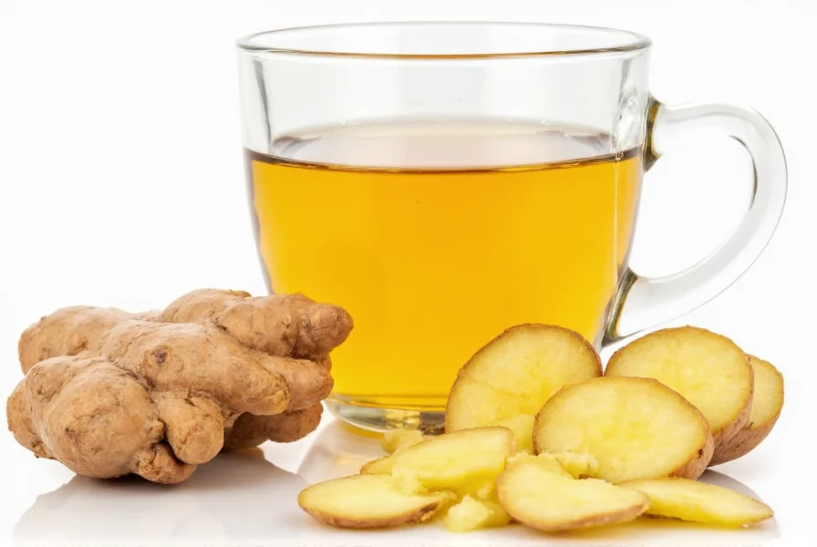 Fresh ginger root, sliced pieces, and ginger tea in a clear glass mug showing natural weight loss ingredients