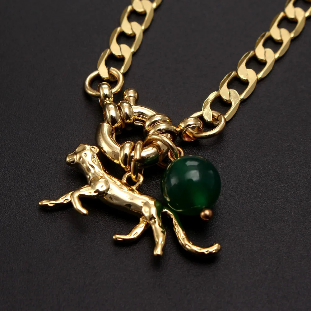 

MHS.SUN Women AAA Zircon Jewelry Fashion Copper Leopard&Cow Pendant Necklace With Natural Stone Chain Choker Hip Hop Necklace, Gold