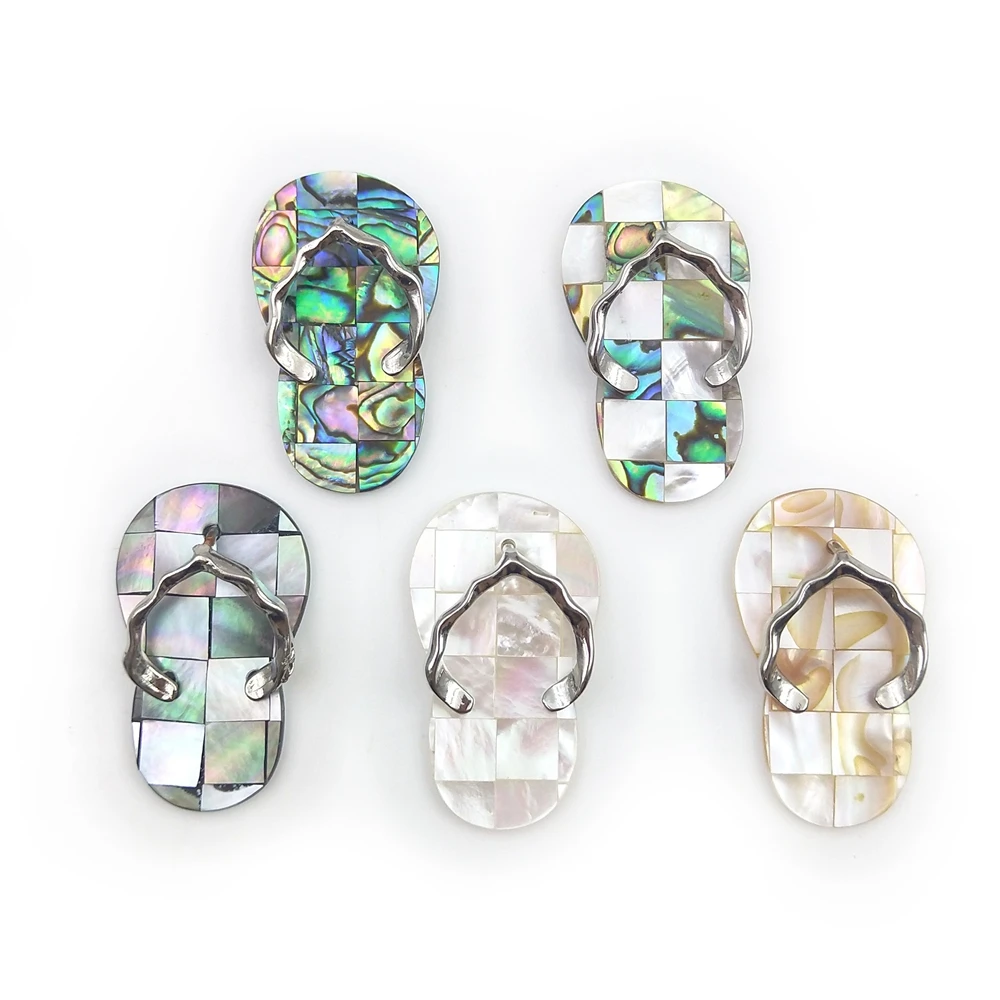 

New Fashion unique Abalone Beach Design Flip Flops Natural Crystal White Shell with Green Paua Shell Handmade Pendant MOP charms, Multi