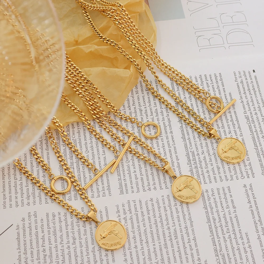 

Exaggerated thick chain OT buckle round gun pendant double titan-steel necklace