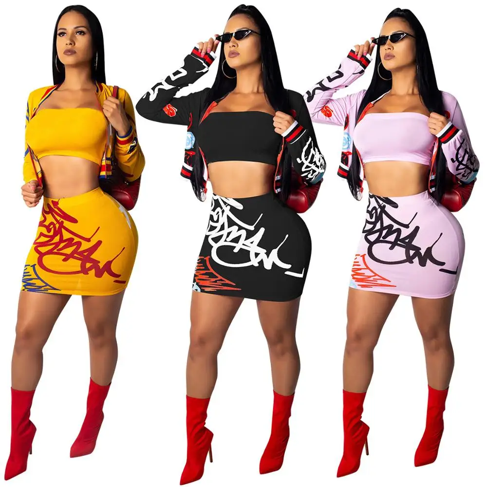 2020 New Arrivals Fashion Women Casual Front Zipper Long Sleeve Crop Jacket Mini Skirt Cartoon Letter Printed 2 Pieces Set Dress