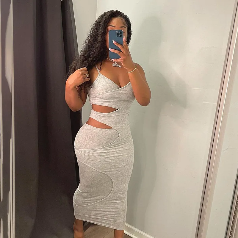 

H6346 - women sexy bandage sleeveless halter hollow out midi dress