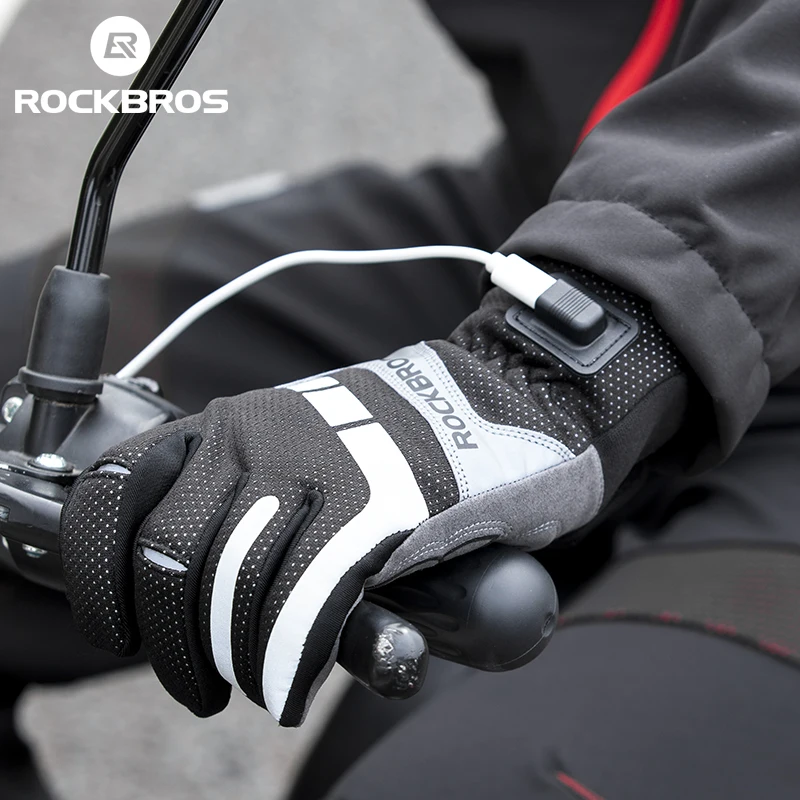 

ROCKBROS Men Women Winter SBR Shockproof Touch Screen USB Heated Gloves Outdoor Bicycle Cycling Glove, Black-grey