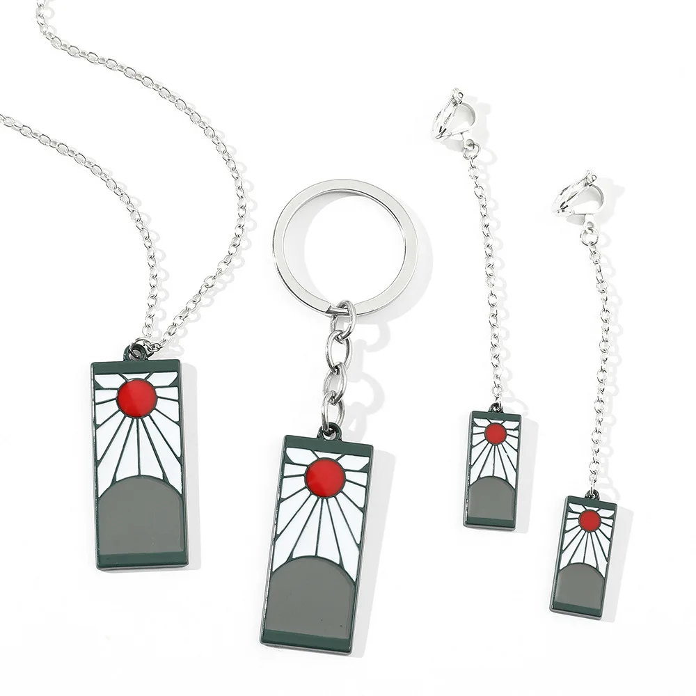 

Demon Slayer Anime Jewelry Set Hanafuda Pendant Necklace Earrings Keychain Tanjiro Kamado Cosplay Creative Jewelry Sets, Silver