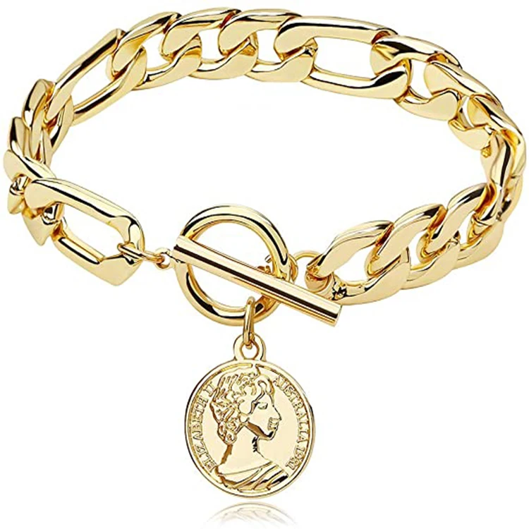 

Hot Sale Gold Chai Link Bracelet Coin Pendant Braceles Charm Bracelets for Women