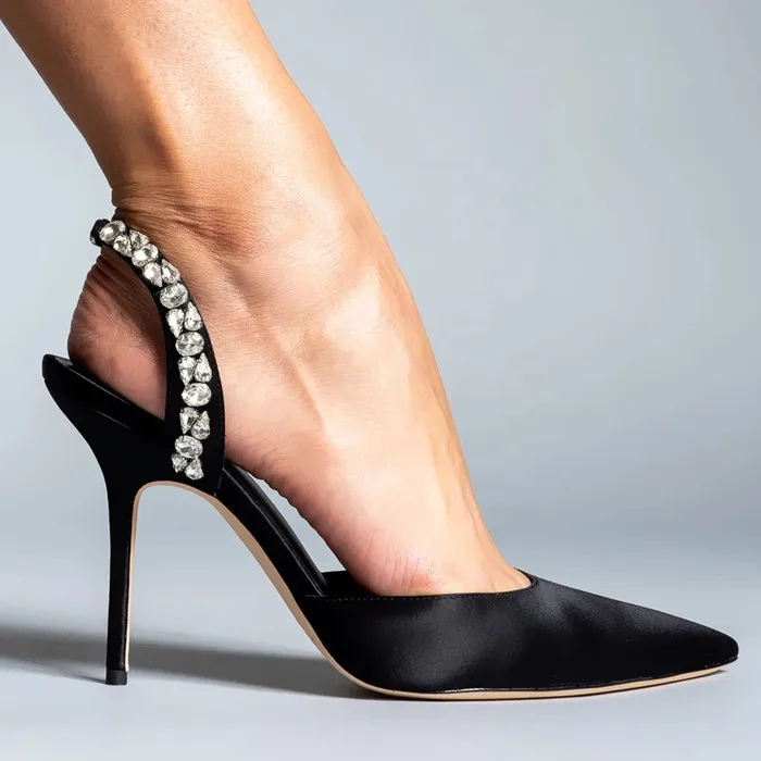 

2021 Amazon Hot Sale Women Sexy Pointed Toe Back Straps Stiletto Heels Diamonds Dress Shoes