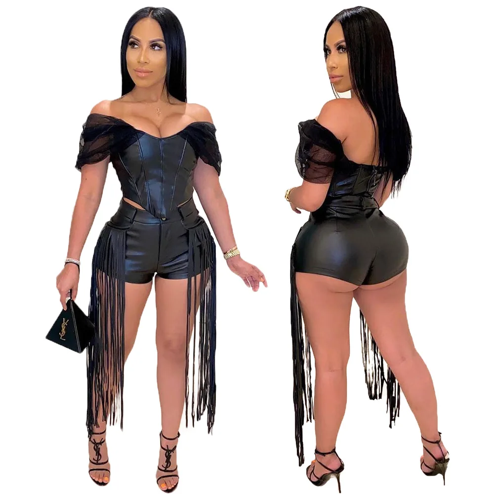 

Corset Tops Side Tassel Leather Shorts Sets Plus Size Black Outfit Crop 2 Piece Short Set