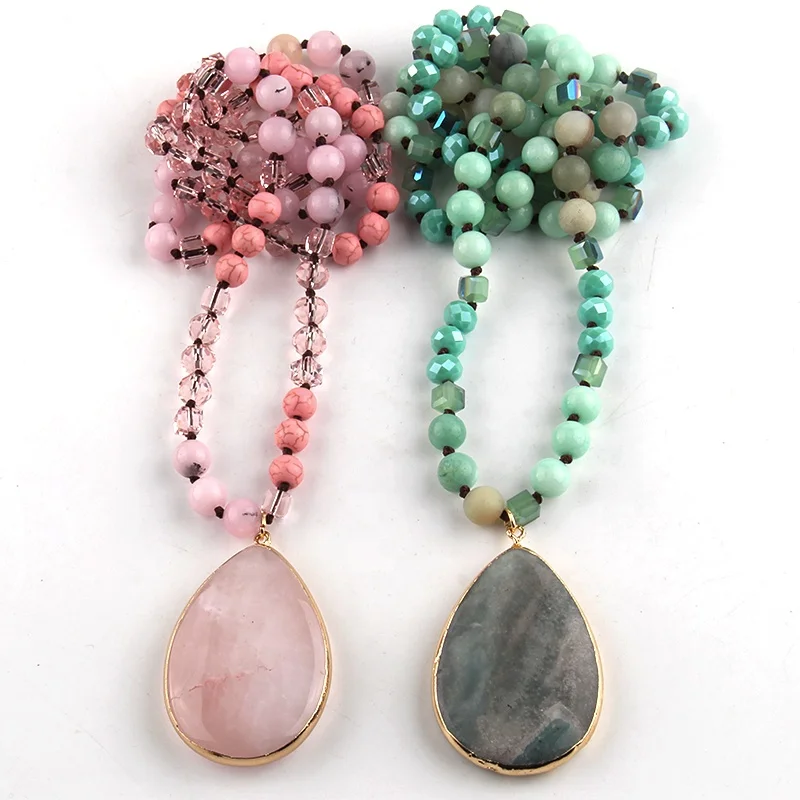 

Fashion Women Custom Jewelry Natural Stone Knotted Gemstone Necklace Crystal Glass Beads Alloy Drop Pendant Necklace