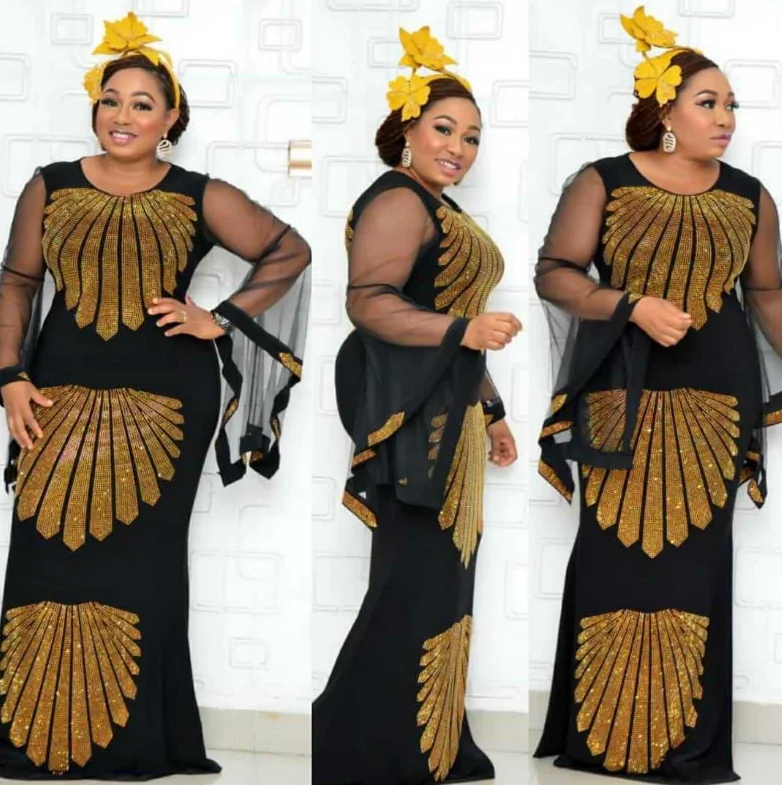 

H & D African Dresses For Women Dashiki Mesh Ruffle Sleeve Robe with Diamonds for Party