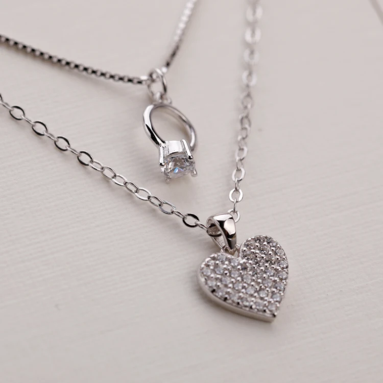 

S925 Sterling Silver Multilayer Heart Pendant Necklace Small Diamand Ring Charm Necklace 2021