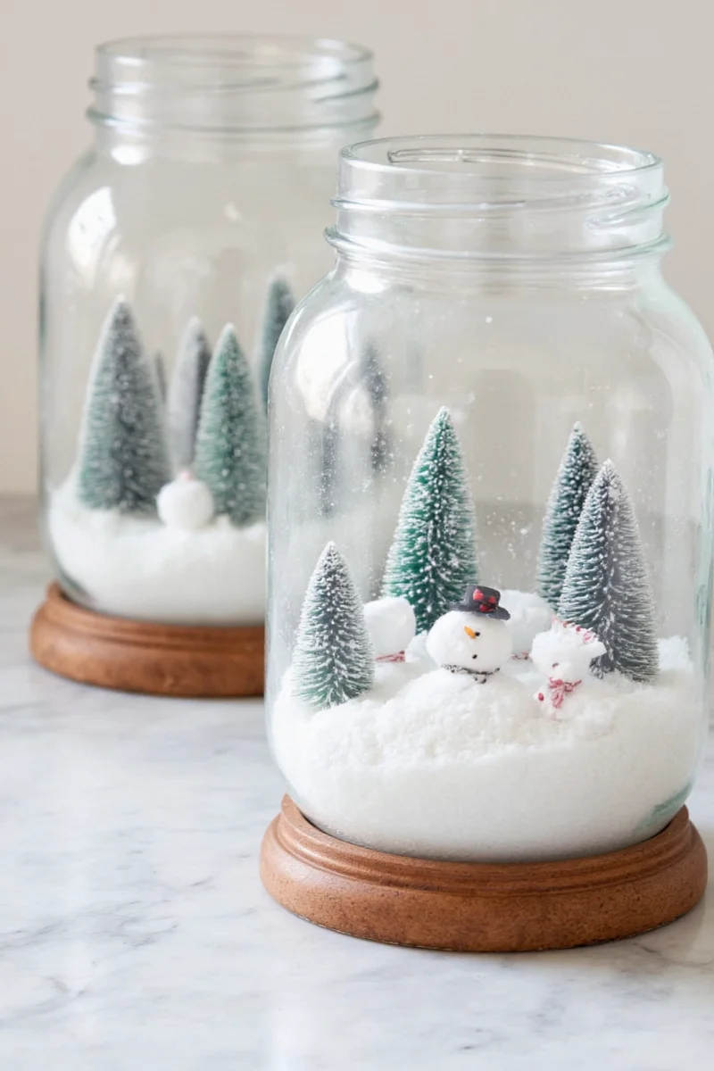 Various styling setups featuring mason jar snow globes in different rooms