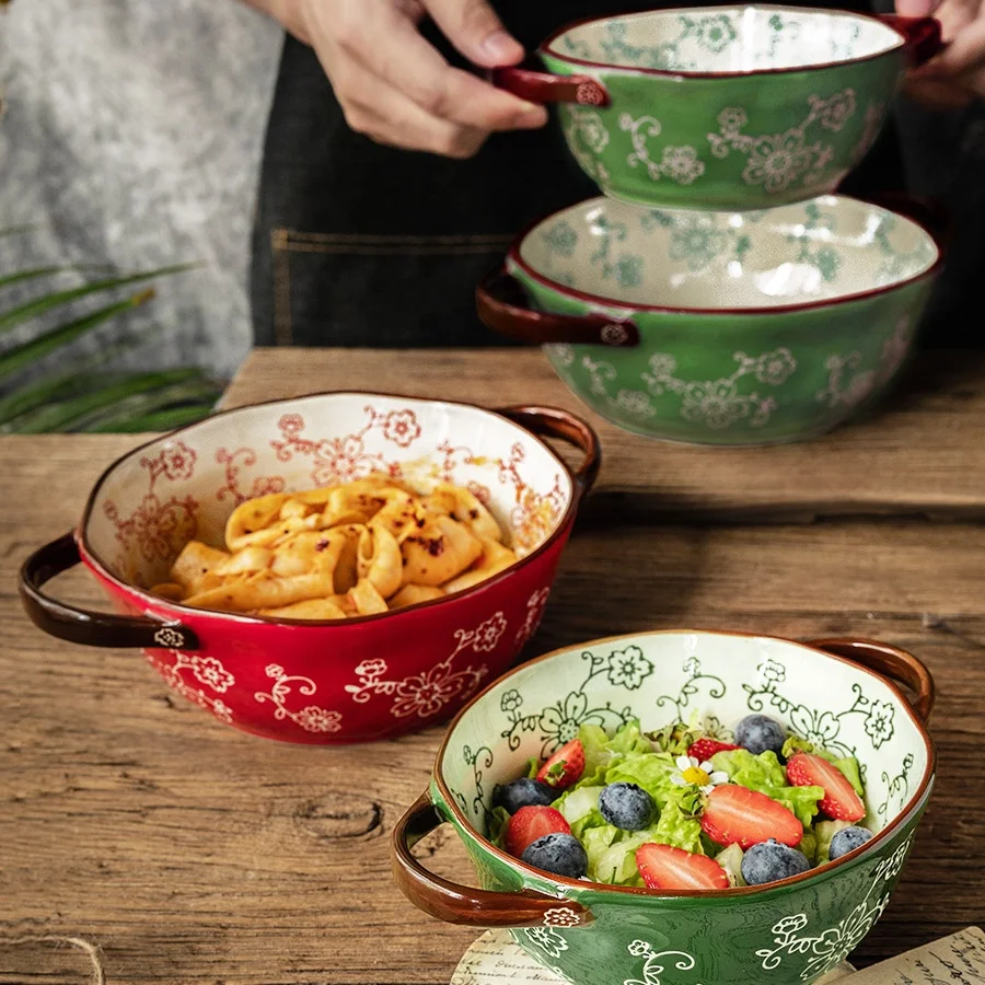 

Durable Ceramic Soup Bowl Dinnerware Sakura Ceramic Tableware Serving Ramen Noodles Bowls with Handle, As picture show