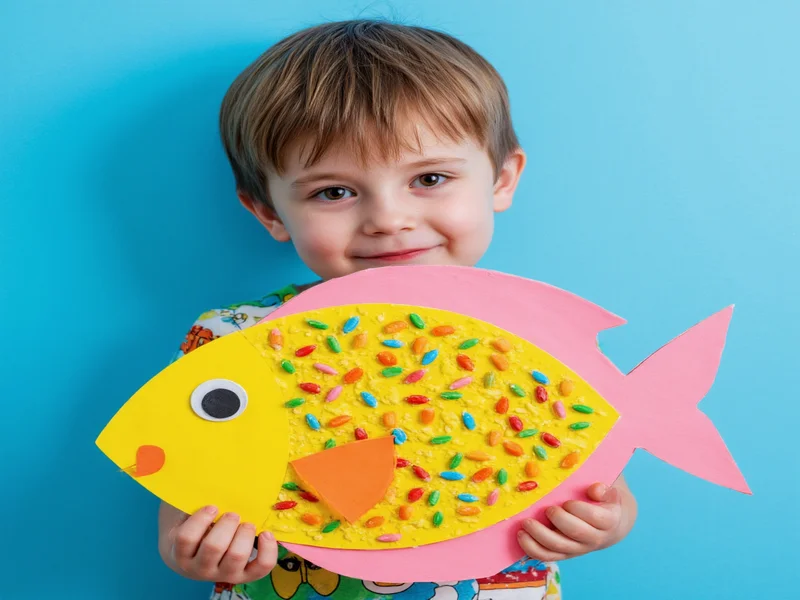Child holding colorful paper plate fish craft