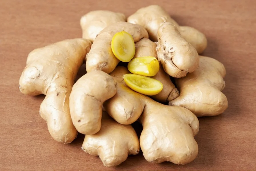 Fresh ginger root storage comparison showing whole ginger, sliced ginger, and frozen ginger pieces with labeled shelf life durations