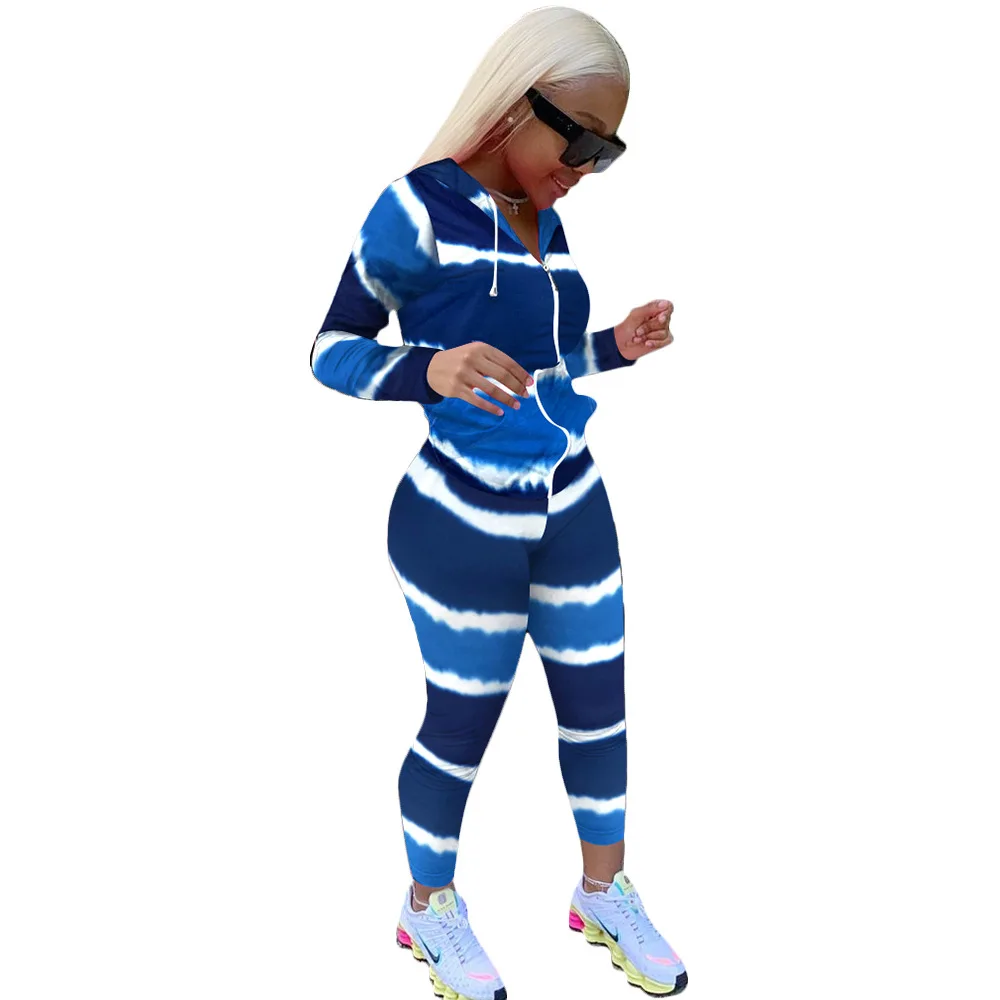 

Fall and winter print gradient sportswear two-piece women's hooded sportswear suit