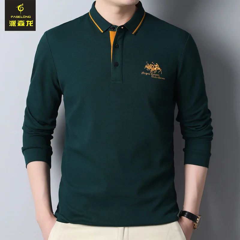 

Autumn new style 100% cotton lapel middle-aged Polo men's long-sleeved T-shirt solid color polo shirt Paul embroidery men, Customized colors