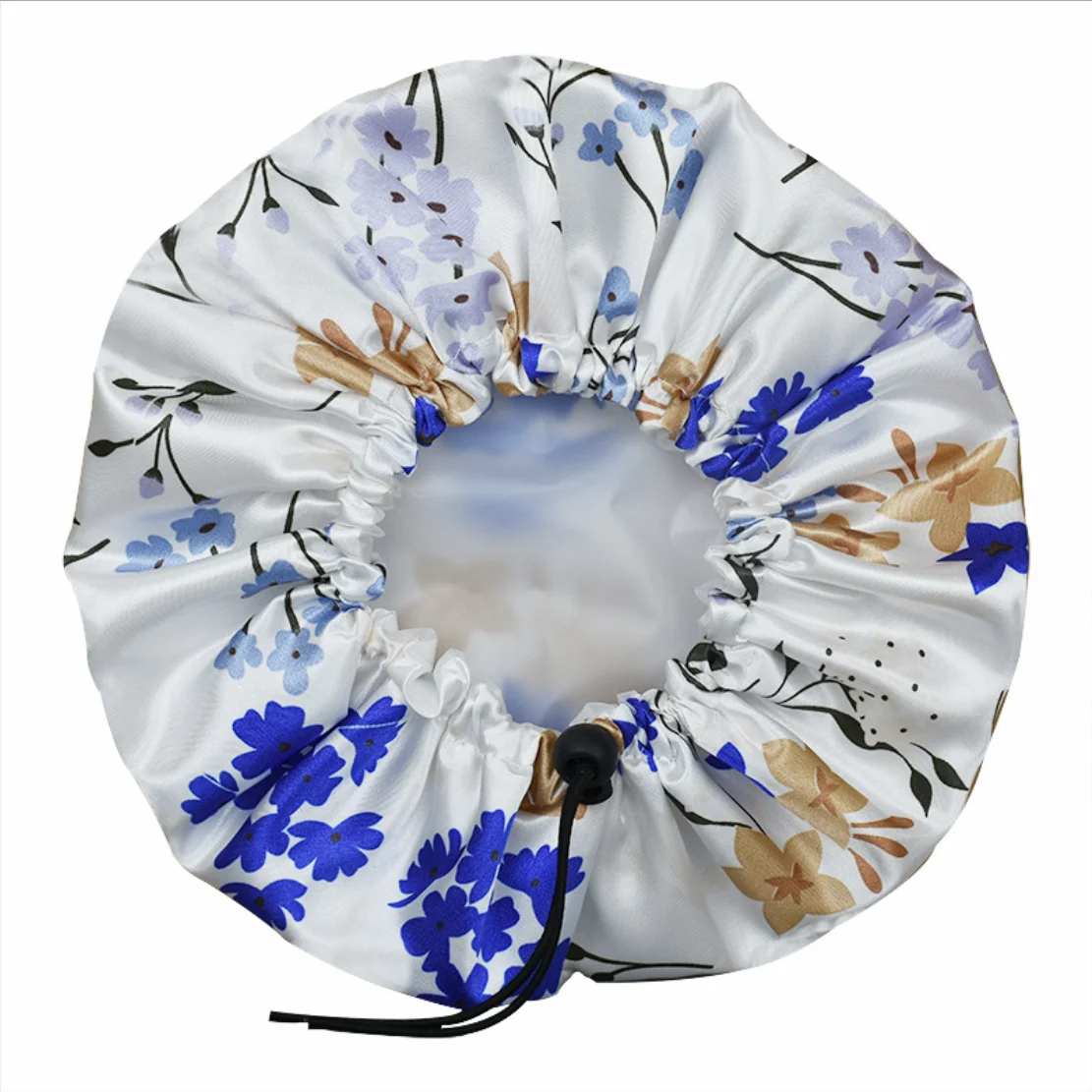 

Custom Jumbo Large Flower In Stock Satin Lined Shower Caps with Adjustable Drawstring Cords Waterproof Bath Caps