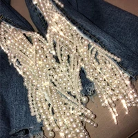 

2019 Trendy Beading Rhinestone cotton flare Jean pants Women slim fit pearls chain dangle tassels decoration denim jeans mujer