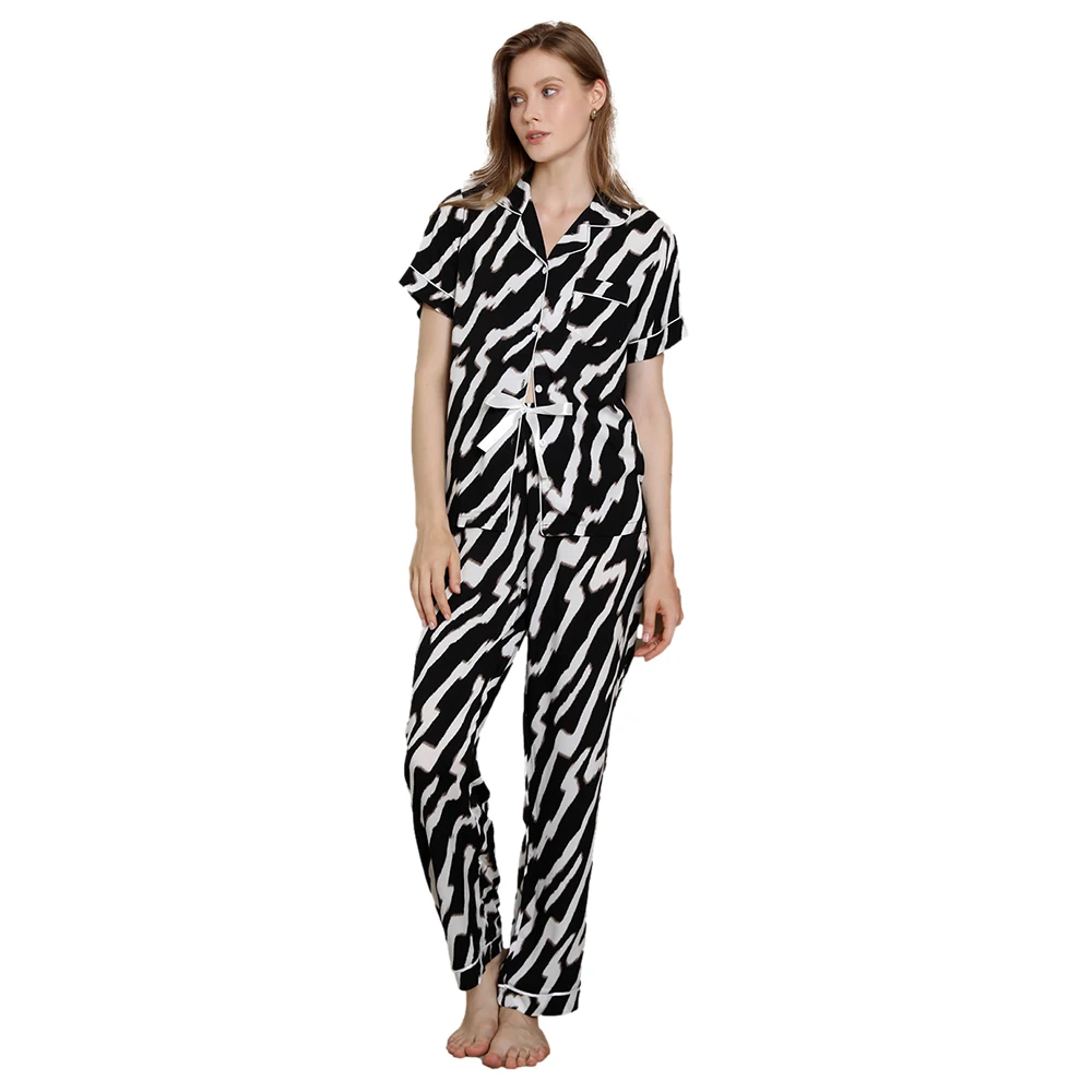 

Summer button up zebra stripe animal print elastic cotton pyjamas pjs pamuk calas compridas de pijama de algodo women pajama set, Black&white