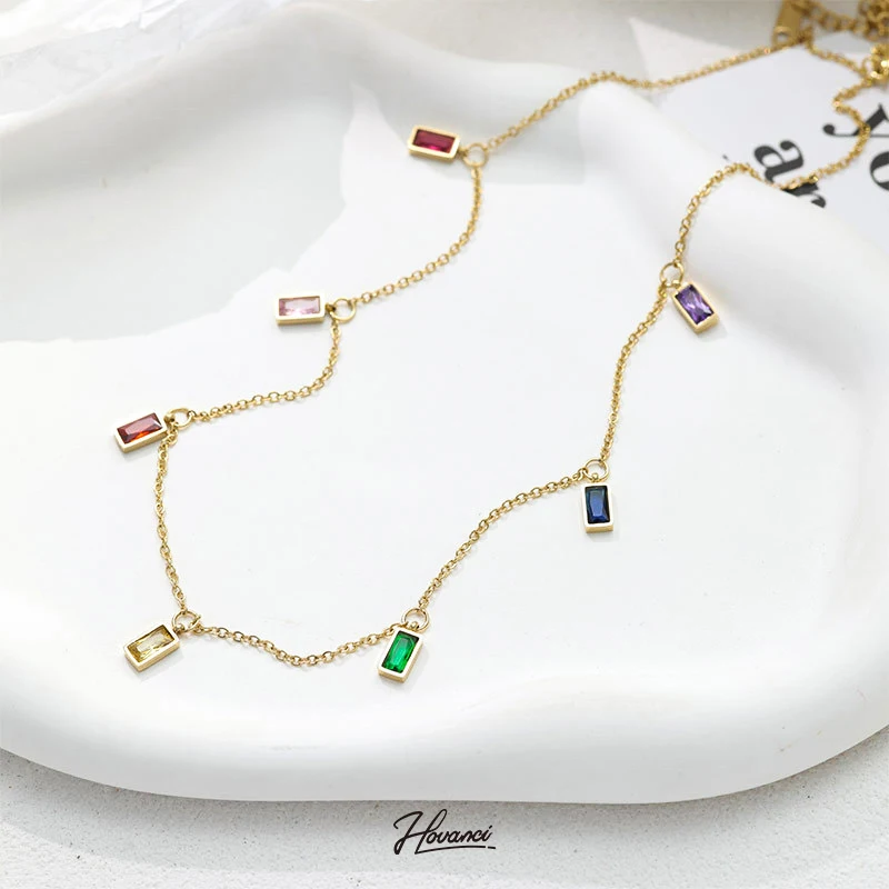 

HOVANCI Minimalist 18K Gold Plated Round Zircon Choker Stainless Steel Colorful Zircon Necklace