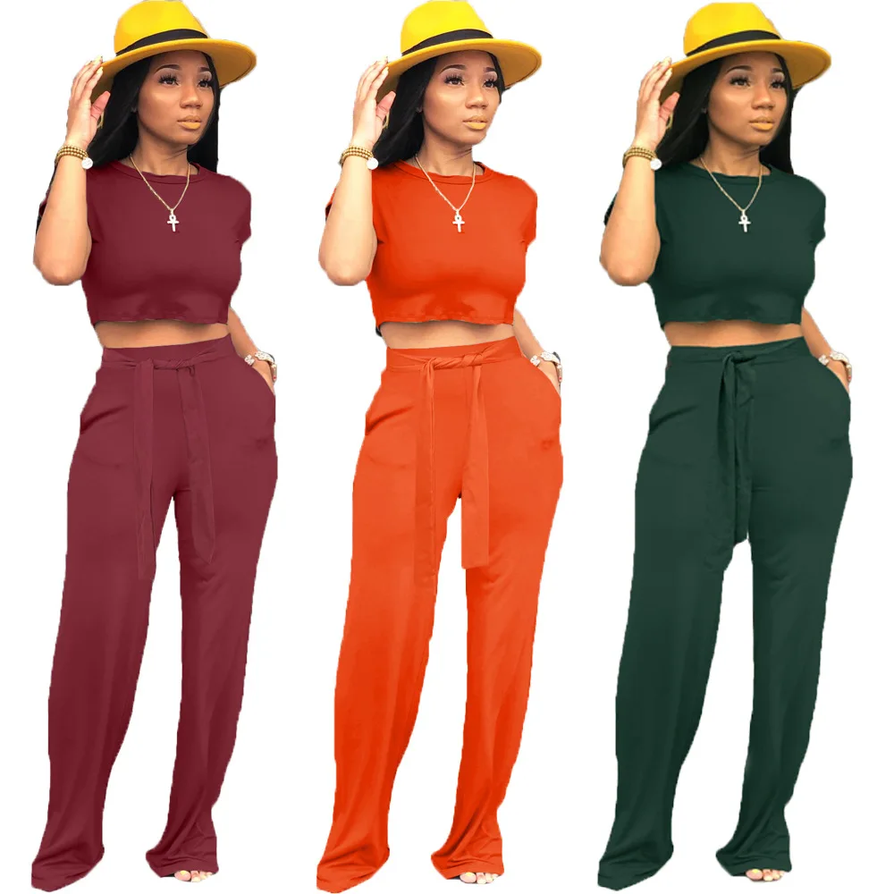 

O4102 ladies casual solid crop top and pants 2 piece set