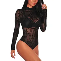 

High Quality Women Sexy Black Geometric Mesh Velvet One Piece Bodysuit Outfit