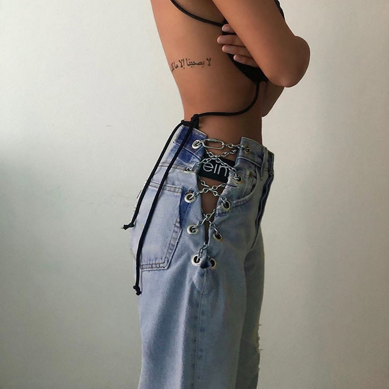 

Wholesale Women's Irregular Slit Hollow Out High Waist Denim Jeans With Chain