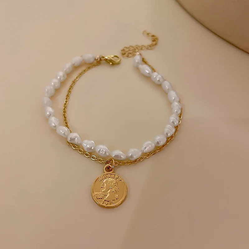 

Hainon New Gold Color Plated Bracelet Alloy Charm carved Pearl Chain Bracelet For Women