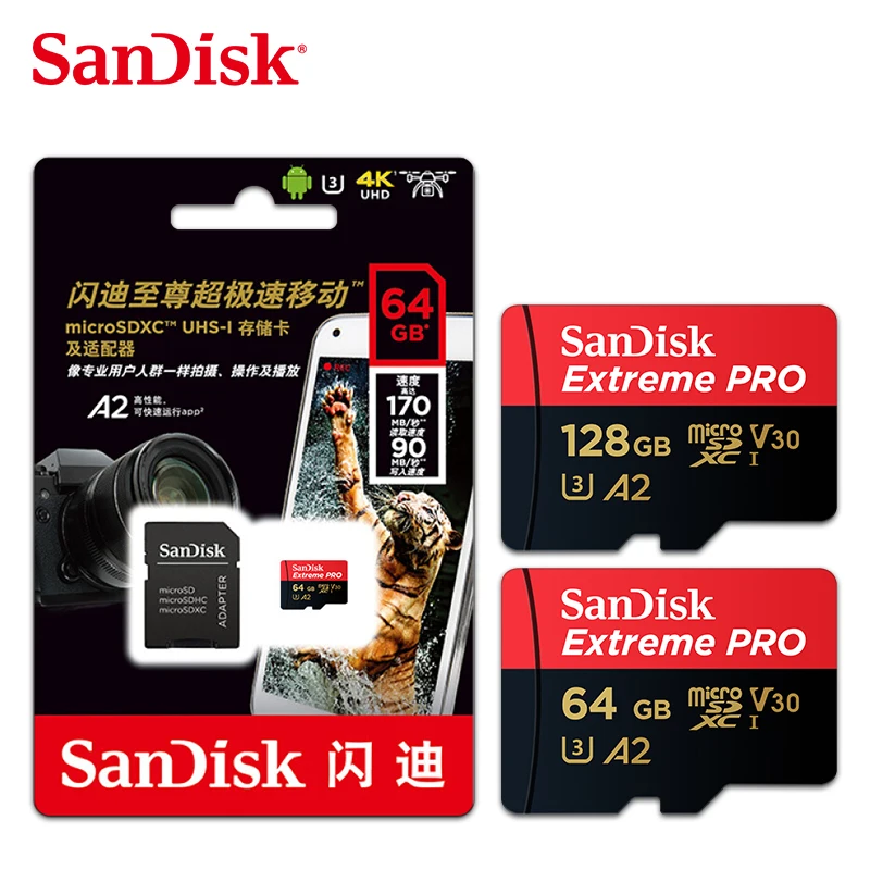 

Wholesale SanDisk A2 Extreme PRO SD Card 64GB 128GB 256GB 512GB Up to 170MB/s Reading Speed U3 Flash TF/SD card
