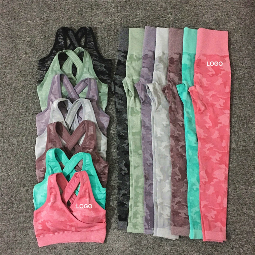 

2 pcs yoga sets 2021 fitness women camo sports bra high waist leggings pants workout suits, Available