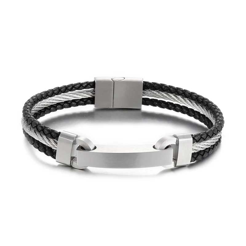 KALEN Mens 200mm Casual Stainless Steel&Double Skin Leather Cuff Bracelet
