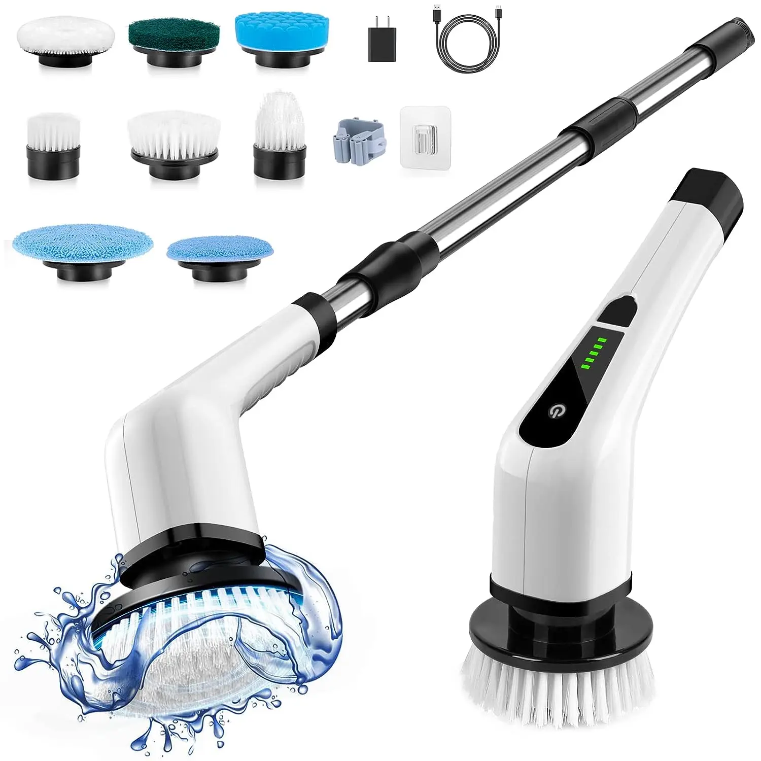 

Electric Spin Scrubber New Cordless Voice Prompt Shower Cleaning Brush with 8 Replaceable Brush Heads Extension Handle for Car