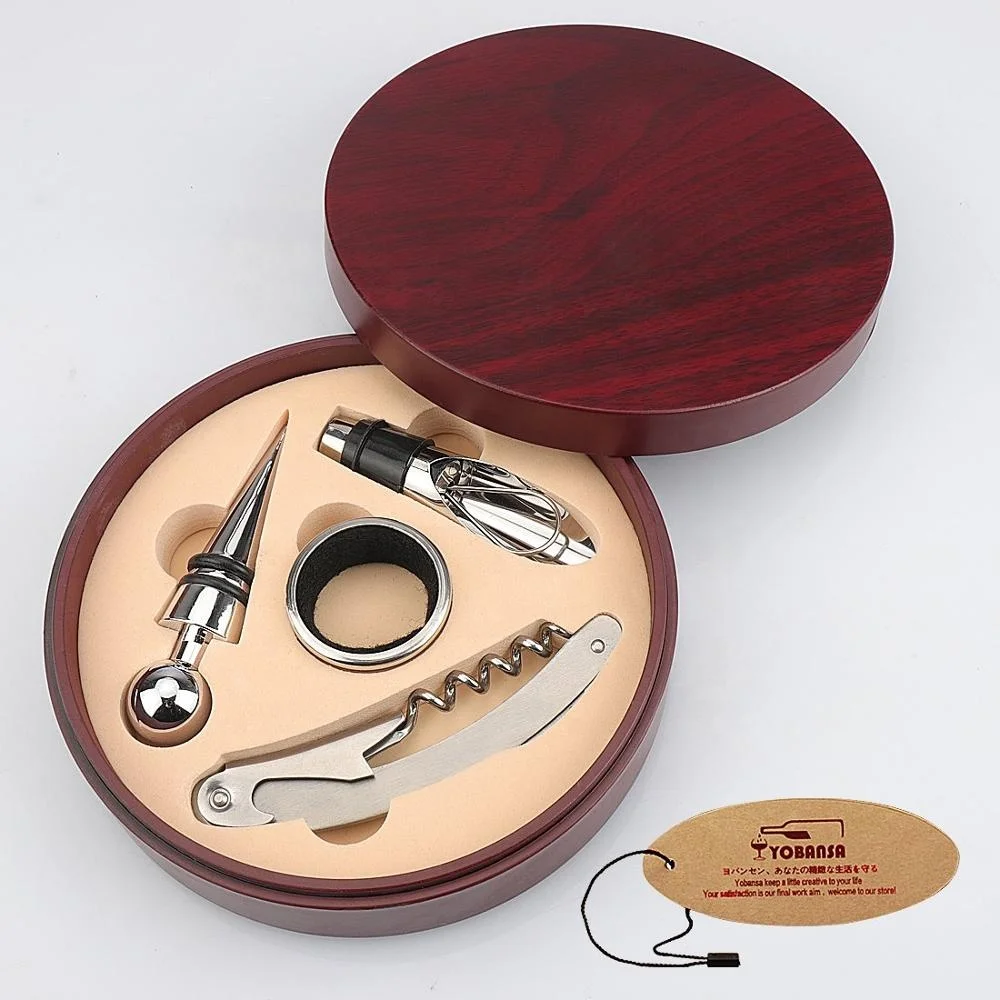 

Hot Sale Wooden box 4 pieces wine accessories gift set wine opener set for Birthday Wedding Christmas
