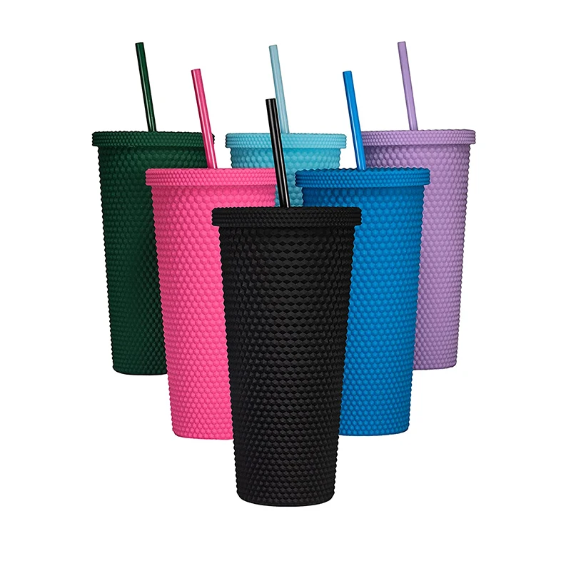

Mazoho Stock Amazon Hot 24oz Wholesale Double Wall Matte Plastic Studded Tumbler With Lid Straw, White black green yellow purple silver