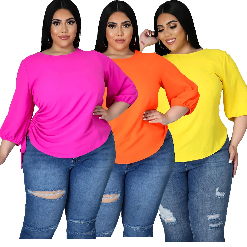 

Women clothing 2021 summer Solid Color Round Neck Blouse of Large Size Irregular Medium Long Sleeves for Ladies, Picture shows