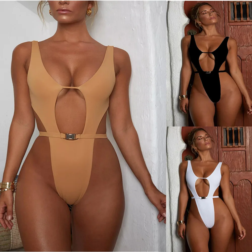 

brazilian deep V customizable monokini backless bathing suit halter one piece bikini front high waist cut out thong swimsuit