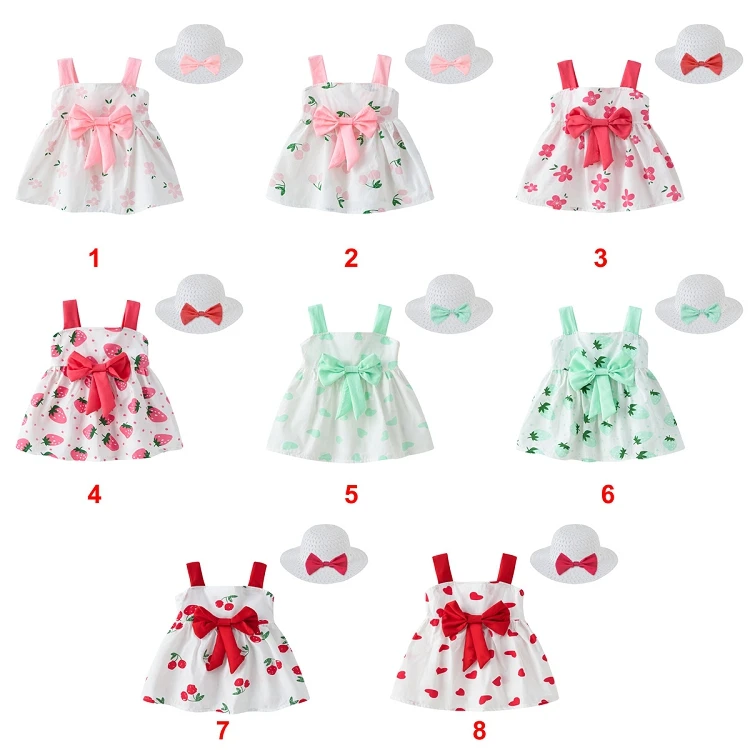 

M806 Summer Fruit Floral Heart Print Sling Bow Princess A-Line Dress With Bow Hat Set Baby Girls Dresses