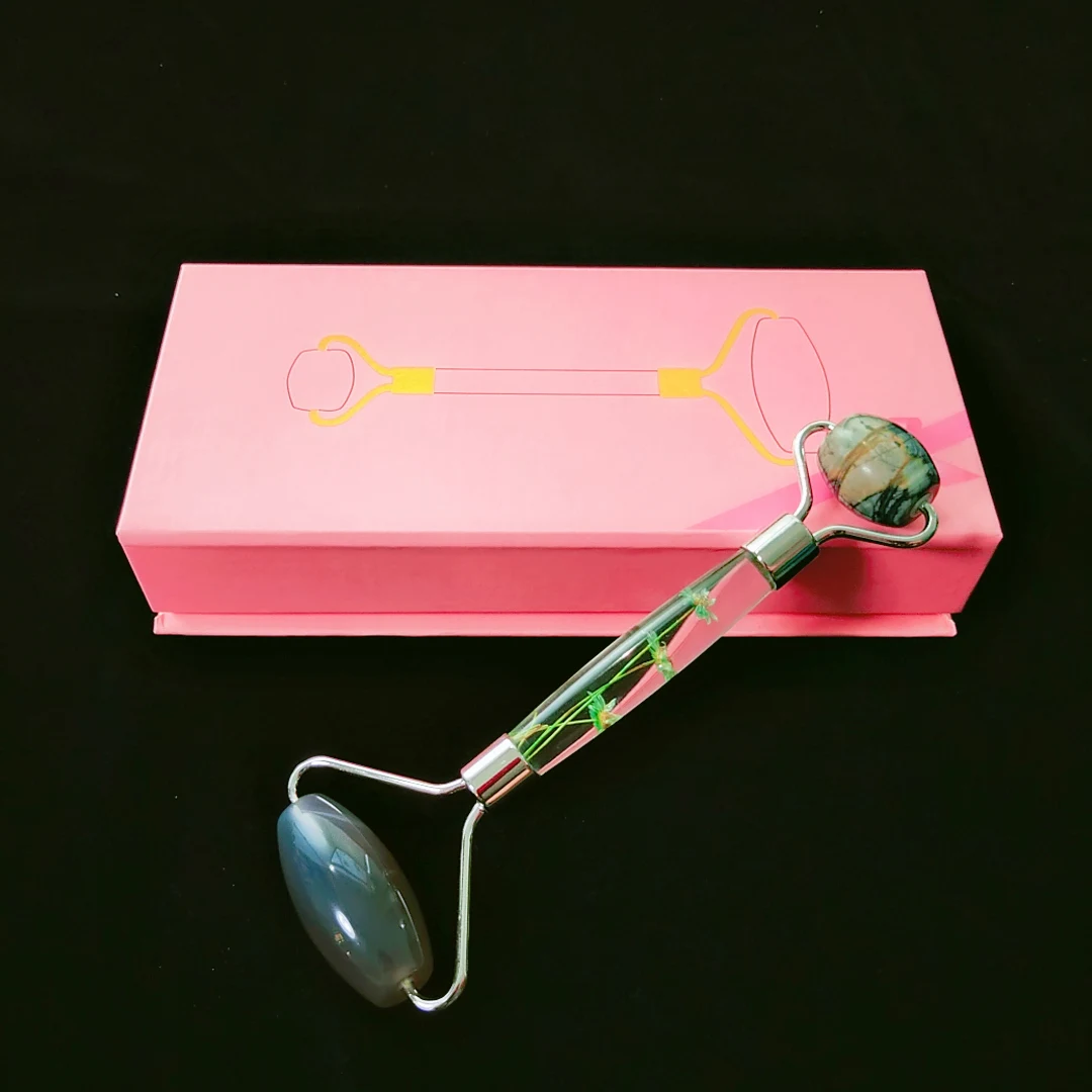 

Gray agate flower handle facial roller best seller beauty rolling stones with box