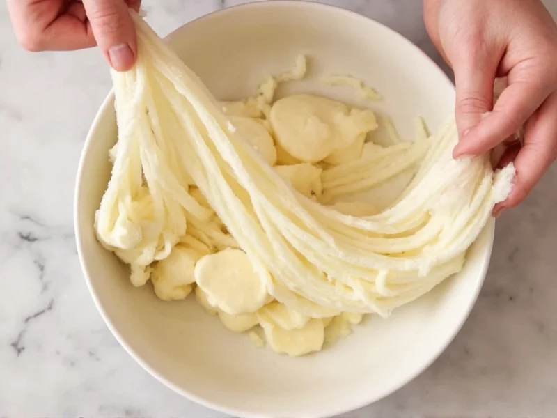 Stretching warm mozzarella curds in microwave-safe bowl