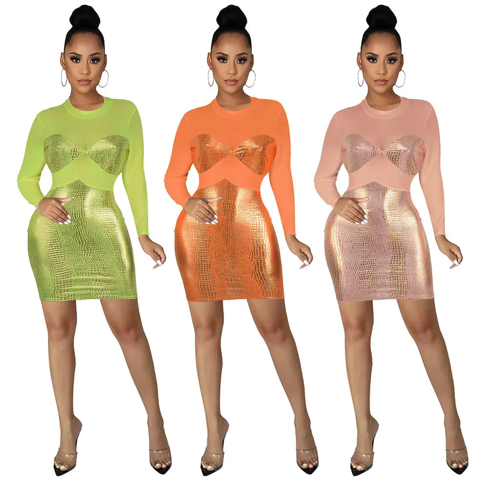 

2021 Newest long sleeve mesh gilt stitching bright sexy see through slim nightclub dress casual women dresses, Photo color