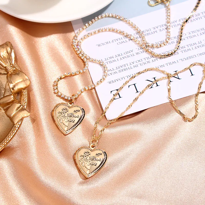 

Luxury Romantic Fashion Jewelry Gift Twisted Tennis Chain Gold Plated Crystal Metal Heart Pendant Necklace