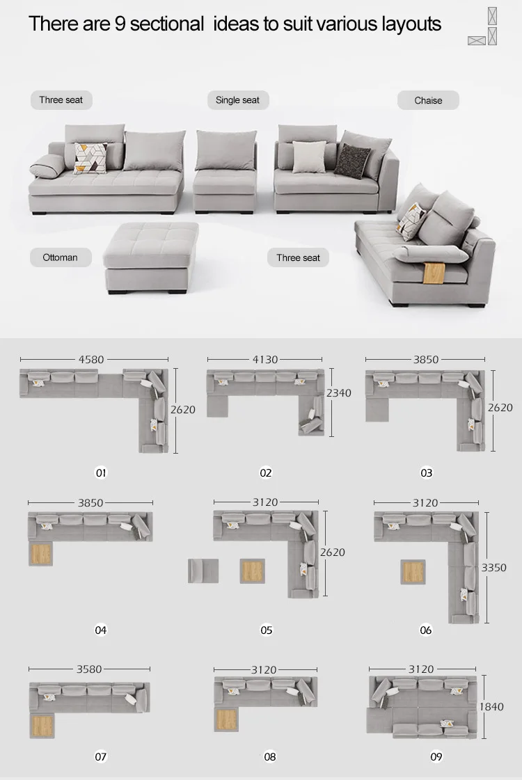 Modern minimalist fabric big size living room u shaped sectional chaise sofa furniture combination set
