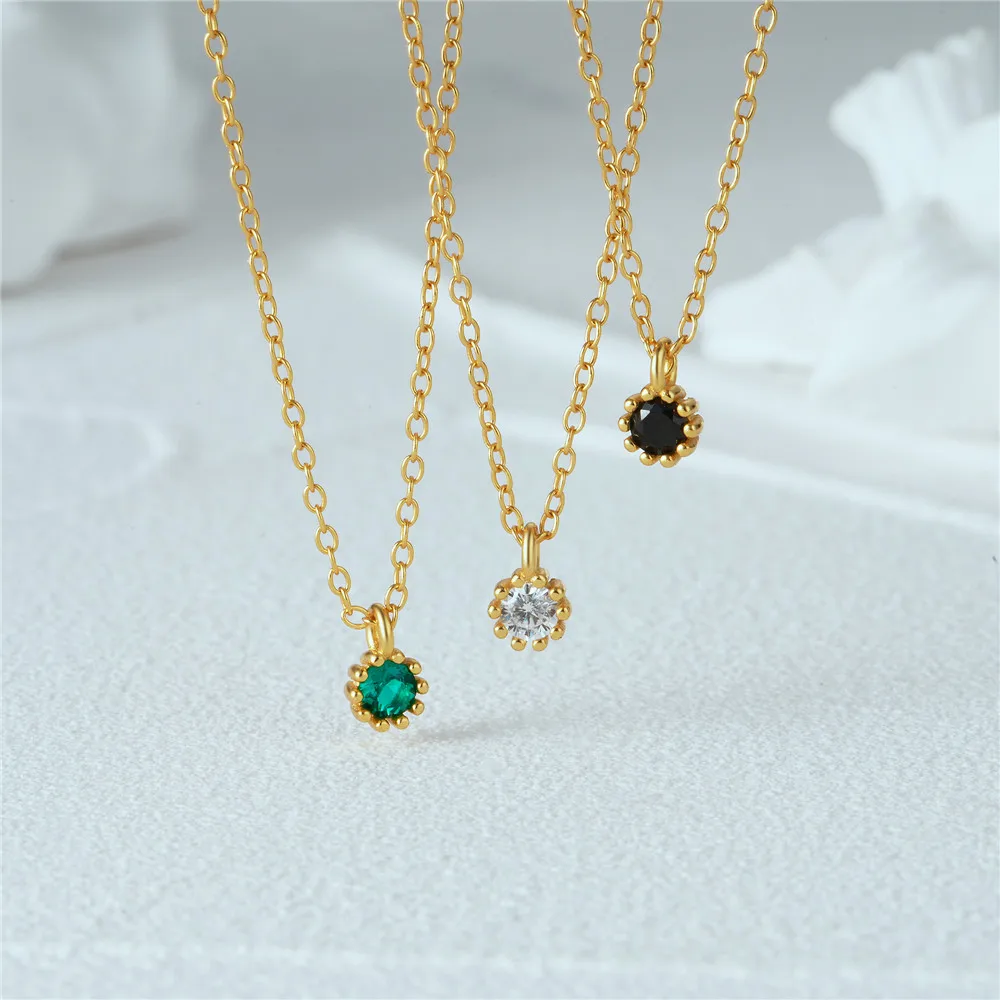 

fashion minimalist jewelry 925 sterling silver simple small single colored round diamond gold plated necklaces for women