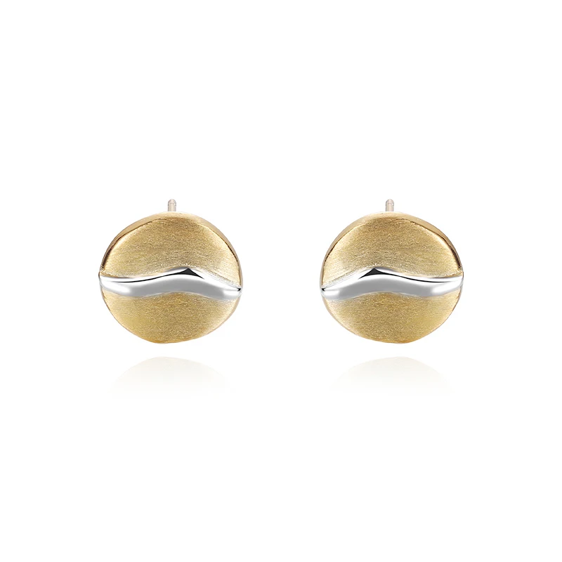 

New Trendy 925 Sterling Silver Fine Jewelry Two Tone Color 18K Gold Plated Brushed Round Shape Stud Earrings