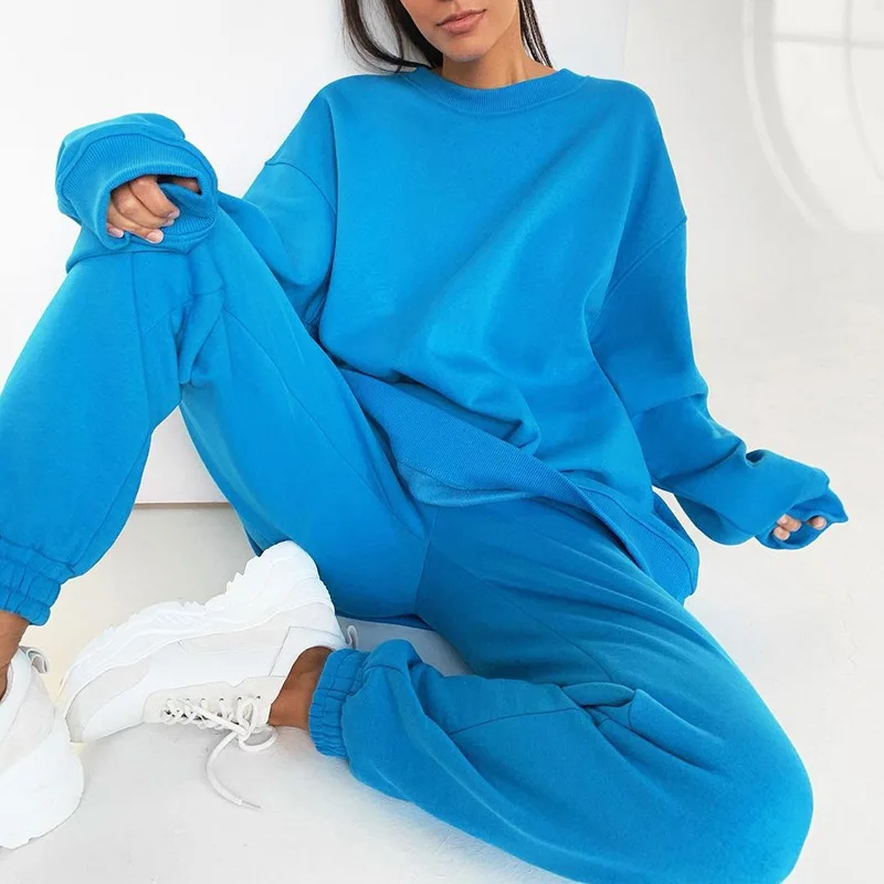 

Women's Tracksuit Fleece Solid Two Pieces Sets Long Sleeve Sweatshirt And Joggers Pants Female Suits Casual Loose Simple Autumn