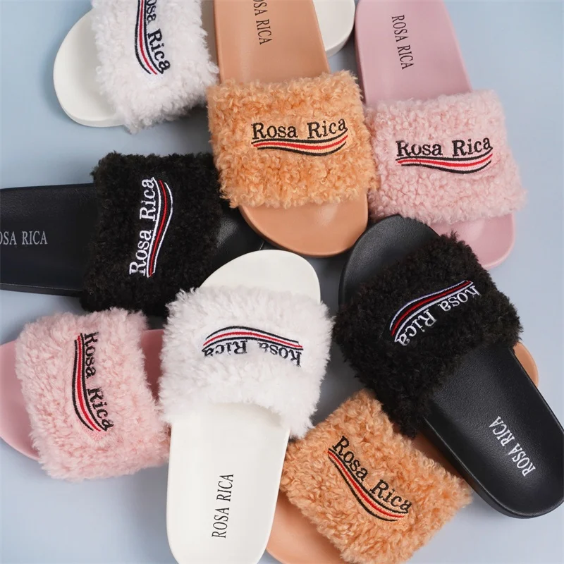 

Wholesale Female Furry Footwear Fur Flip Flops Plush Thong House Slippers For Women And Ladies, Orange, pink, black, white