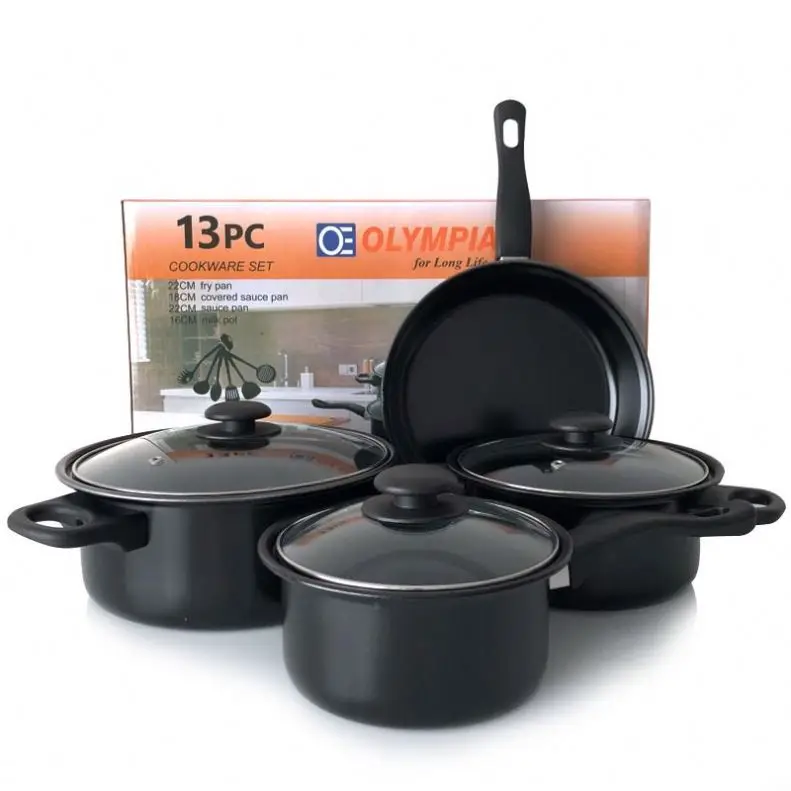 

Best Sales 13-piece cheap kitchen housewares iron non stick Induction Handles Pan Unique Cooking Pots Cookware sets, Black
