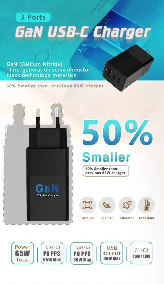 Gan Technology 65w Qc 3.0 Mini Wall Usb Charger Mobile Phone Type C Pd