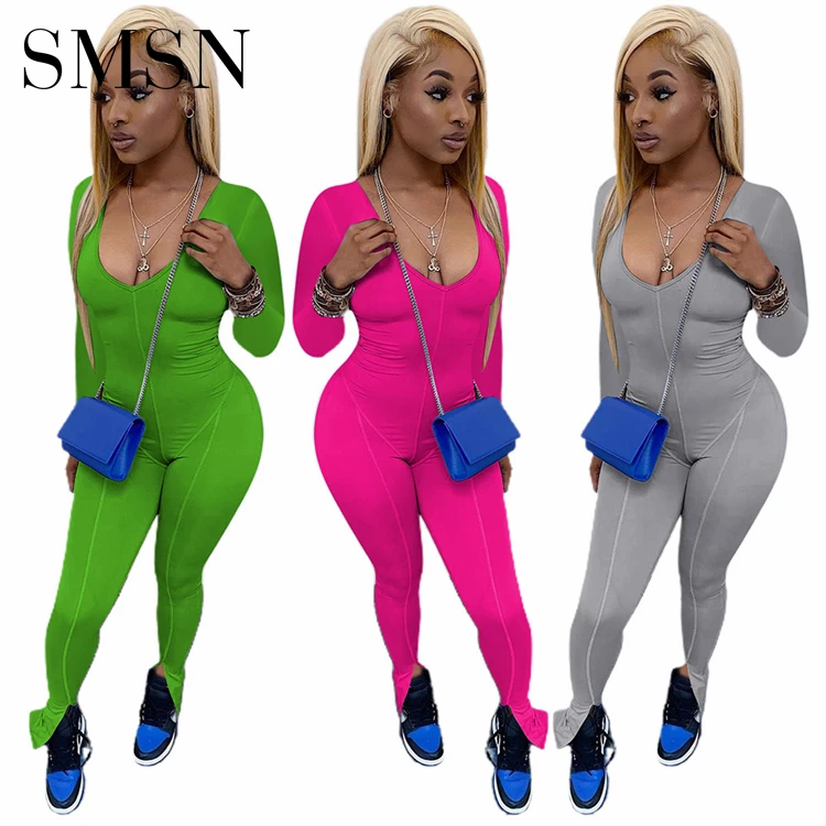 

Amazon 2021 Solid Color Deep V Neck Sexy Woman Bodycon Jumpsuits Fall Womens Jumpsuits Long Sleeve Bodysuit Romper For Women