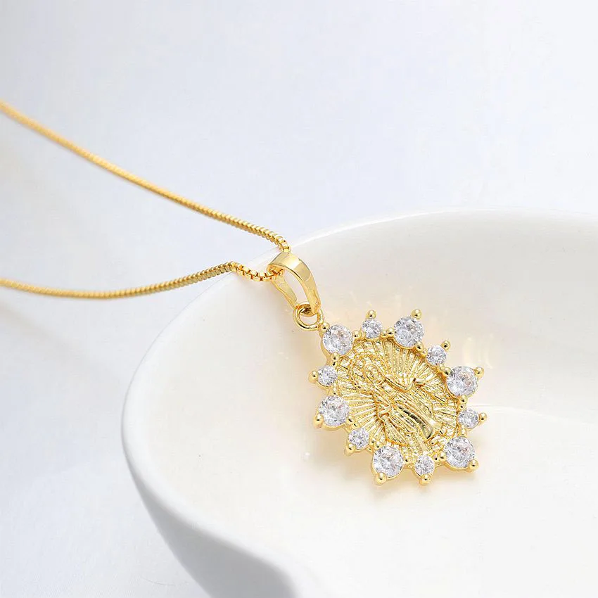 

zirconia 18k gold plated Medals virgin Mary charm necklace